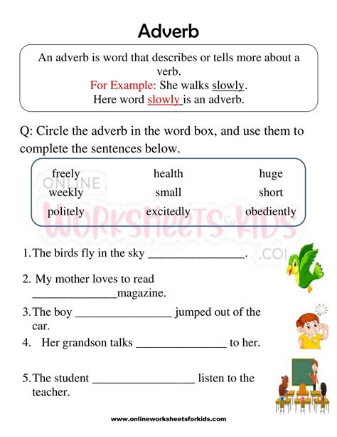 Adverb Worksheets For Elementary School Printable Free K5 Learning Adverbs Worksheet Answer