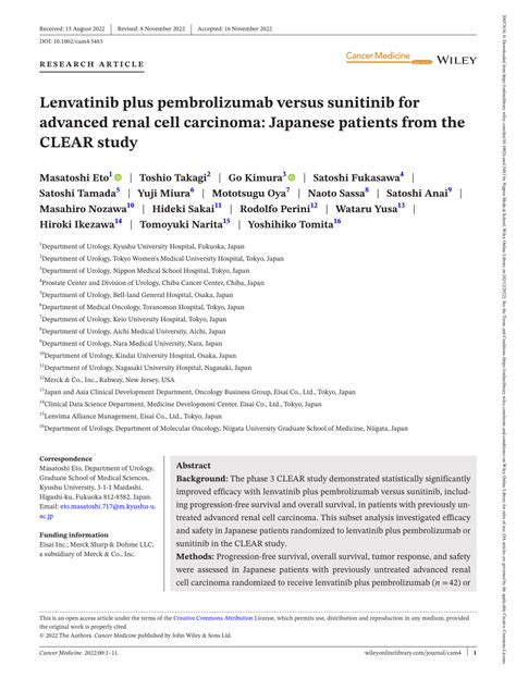 (PDF) Lenvatinib plus pembrolizumab versus sunitinib for advanced renal cell carcinoma: Japanese ...