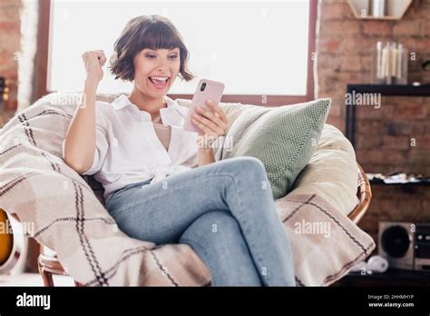 Photo Of Cool Brunette Hairdo Millennial Lady Look Telephone Hand Fist