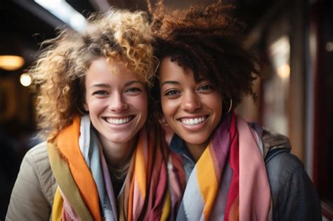 Premium AI Image Two Lesbian Girls With Rainbow Flag Happily Smiling And Celebrating Deeply In