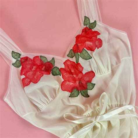 1960s Sheer Nylon Lingerie Dress W Lace Rose Appliqu Gem