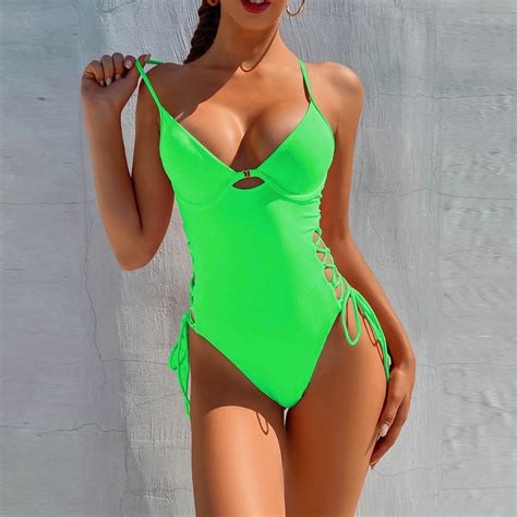 Himiway Fashion Women Bikini Solid Color Swimsuit Strap Hollow Out Casual One Piece Swimsuit