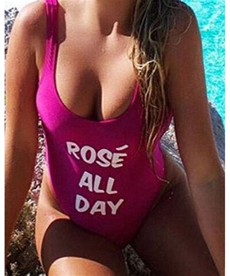 Women Sexy One Piece Backless Monokini Letters Print Padding Bikini Swimwear Rose C61838X9KUW