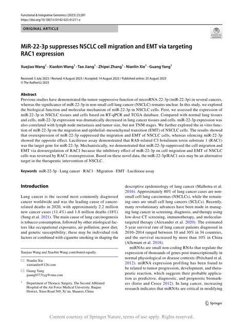 Pdf Mir 22 3p Suppresses Nsclc Cell Migration And Emt Via Targeting