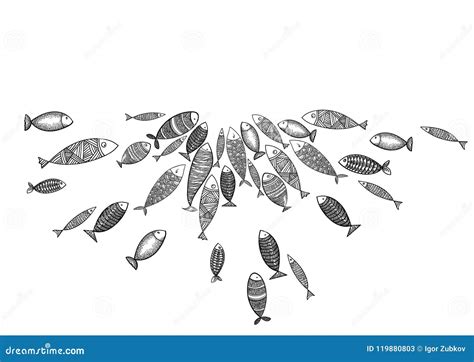 School of Fish. Stylized Group of Stylized Fishes Swimming in the Pack ...