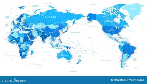 World Map Pacific China Asia Centered View Blue Color Political Vector Layered Detailed