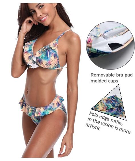 Womens Strap Bathing Suit Coconut Tree Print Ruffle Bikini Set Multicolor C418CCOYD0K
