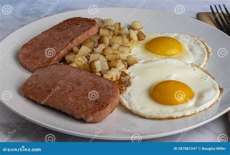 Fried Eggs with Fried Spam and Hash Browns Stock Image - Image of ...