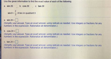 Solved If Sin And Lies In Quadrant Ii Find The Exact Chegg