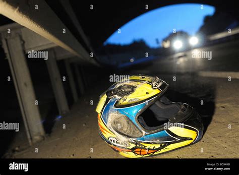 Motorcycle helmet after an accident on the Bundesstrasse B 295 highway ...