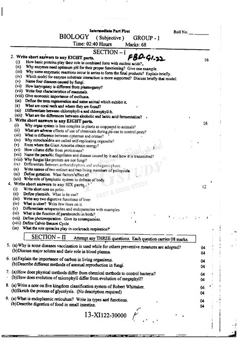 Th Class Biology Past Paper Faisalabad Board Group Subjective