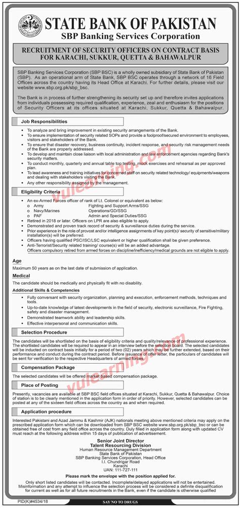 State Bank Of Pakistan SBP Jobs 2019 For Security Officers In Karachi