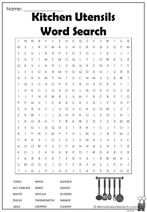 Kitchen Utensils Word Search Monster Word Search