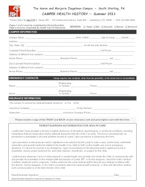 Fillable Online Camper Health History 2011 Pdf Camp JRF Fax Email