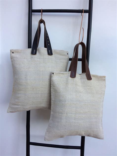 Large Vintage Linen Tote Shopper Bag With Leather Handles Etsy Uk