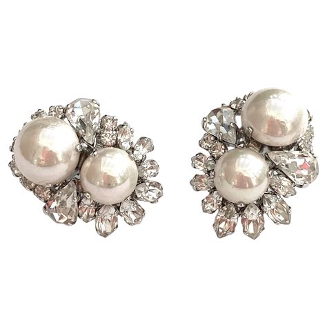 Classic Clear Paste And Pearl Cluster Earrings Christian Dior 1970s