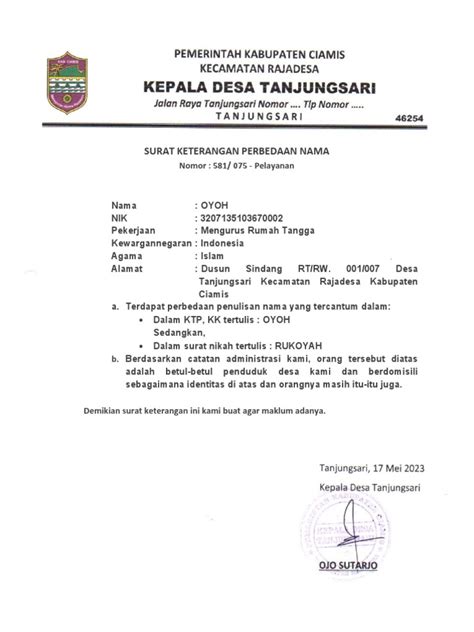 Surat Keterangan Beda Nama | PDF 