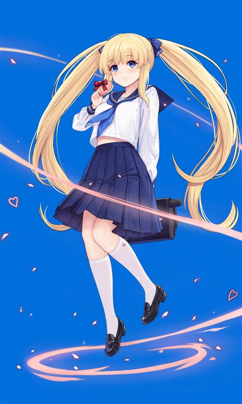 Girl School Uniform Long Hair Anime Blue Eyes