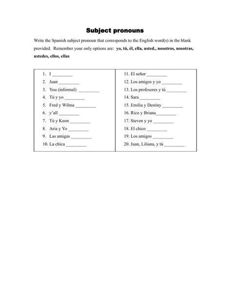 Spanish Subject Pronouns worksheets: Practice and Learn Pronoun Usage