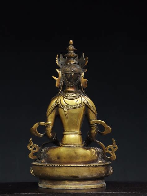 Antique Tibetan Buddhism Temple Bronze Gilt Amitabha Longevity