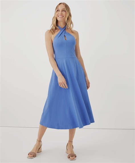 Organic Fit Flare Modern Halter Dress By Pact In Wedgewood Fair Trade