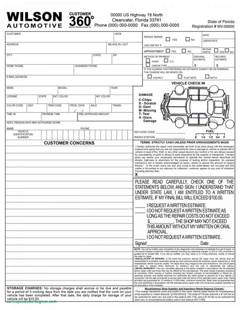 Printable Auto Repair Forms