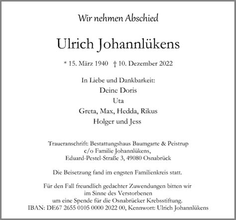 Traueranzeigen von Ulrich Johannlükens noz Trauerportal