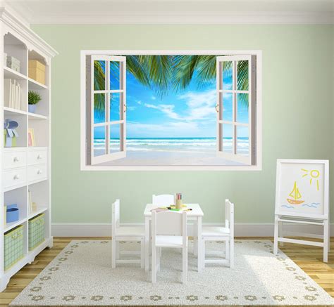 3D Window Beach Decal, Plam Murals 3D Wall Decor, Vinyl Wall Decals, Vinyl Stickers, Wall ...