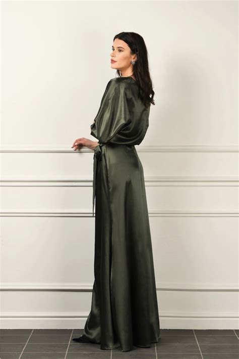 Olive Green Satin Maxi Dress Round Neckline Dolman Sleeves Sash Satin