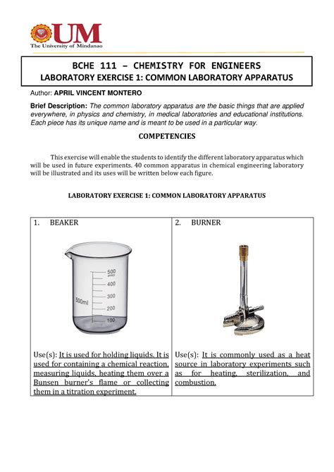 Experiment 1 Common Laboratory Apparatus BCHE111 Montero April Vincentm