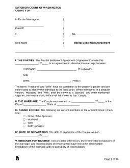 Free Washington Marital Settlement Divorce Agreement Pdf Word