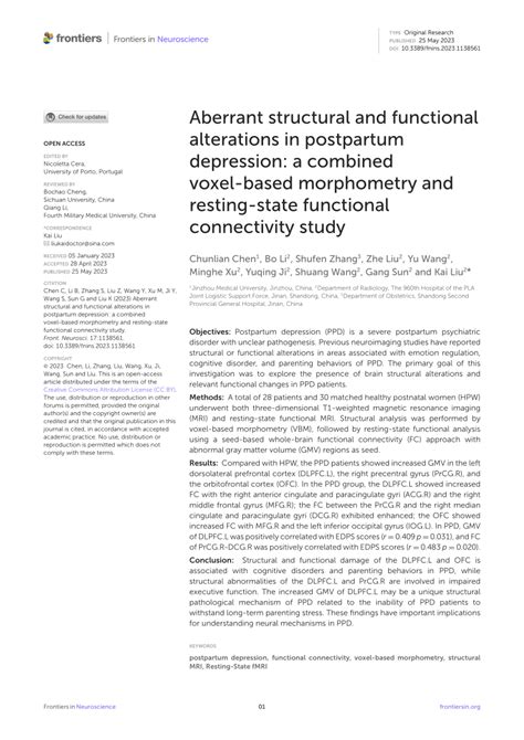 Pdf Aberrant Structural And Functional Alterations In Postpartum