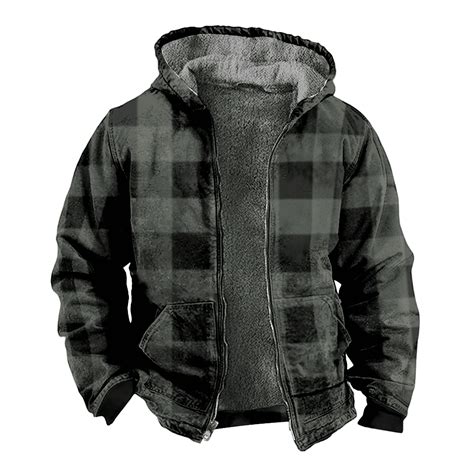 Mens Fleece Jacket Retro Buffalo Plaid Graphics Full Zip Hoodie Jacket For Menwinter Warm Cozy