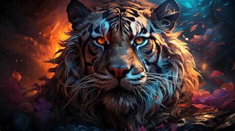 Premium Ai Image Painting Of A Tiger With A Glowing Eye And A Dark