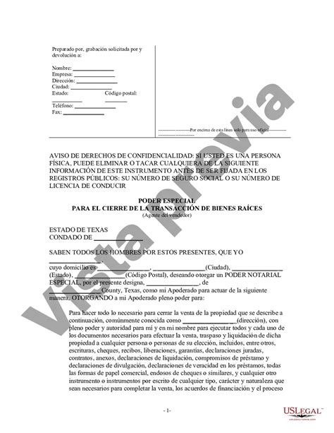 Texas Poder Notarial Especial O Limitado Para Transacciones De Venta De Bienes Raíces Por Parte