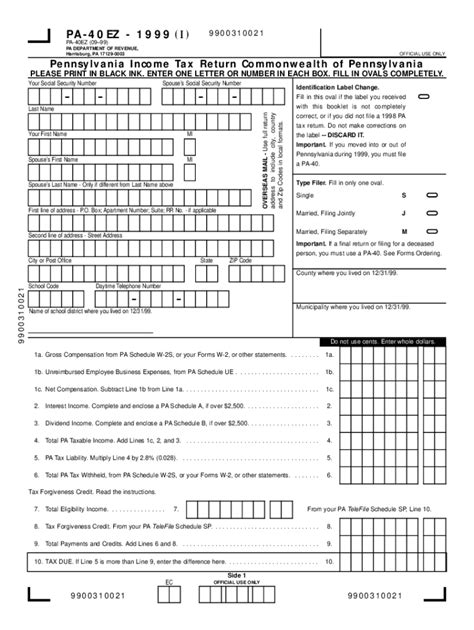 Fillable Online 1999 Pa Individual Income Tax Return Short Form Pa