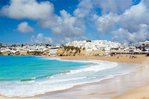 Landscape with Old Town Albufeira and Sandy City Beaches Stock Photo ...