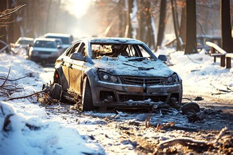 Acidente De Carro No Inverno Em Uma Estrada Escorregadia Neve E