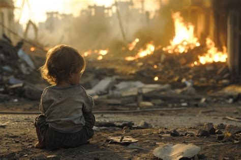 Uma criança olha para a destruição causada pelas chamas devastadoras