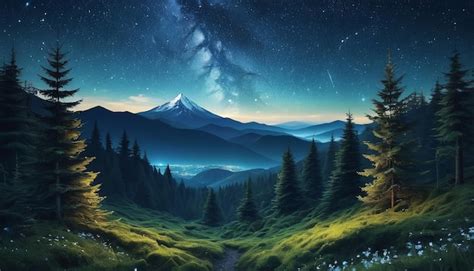 Premium Photo | Fantasy Forest Scenery with Mountain and Starry Night Sky