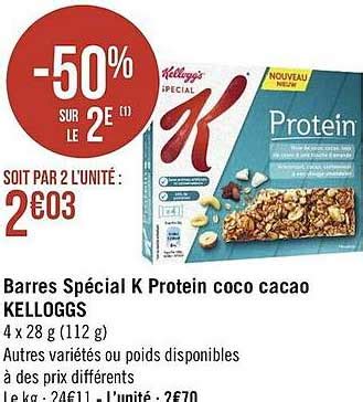 Promo Barres Spécial K Protein Coco Cacao Kellogg s chez Géant