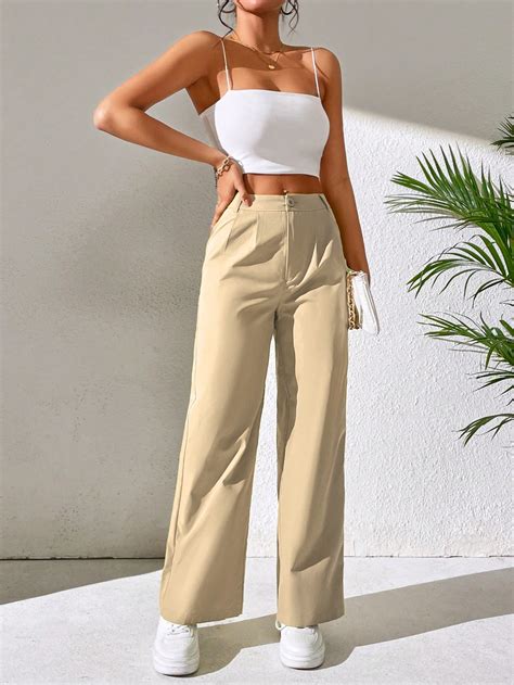 Shein Petite Pantalones Rectos De Talle Alto Con Fruncido Moda De