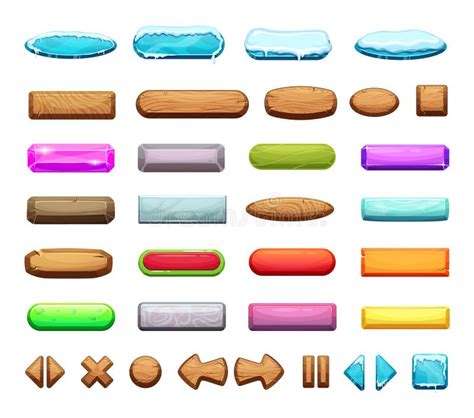 Wooden Buttons Set For Game Ui Vector Cartoon Illustrations Stock