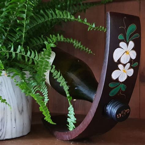 Hand Carved Curved Wine Bottle Holder White Flower Design