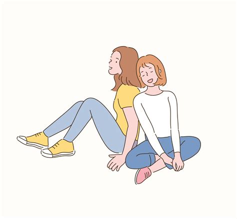 Two Friends Are Sitting With Their Backs To Each Other Hand Drawn