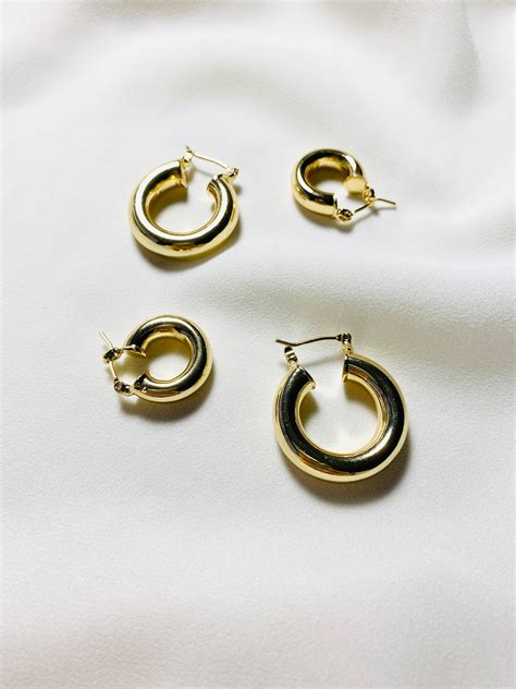 14k Gold Plated Chunky Hoop Earrings 18mm 25mm Hoopfat Hoop Etsy