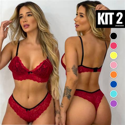 Kit 2 Conjuntos Lingerie Feminino Renda Bicolor Sexy Sensual Conforto Calcinha Sutiã sem Bojo
