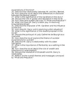 Pride And Prejudice 40 Reading Comprehension Questions Editable