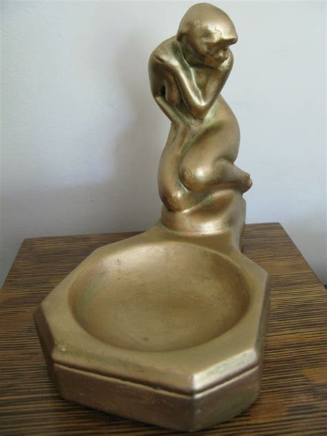 Antique Art Deco Gold Chalkware Nude Woman Soap Dish Card Tray Statue