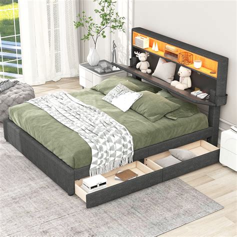 Lit Double Rembourré 140 X 200 cm 2 Tiroirs Avec Espace De Rangement ... 